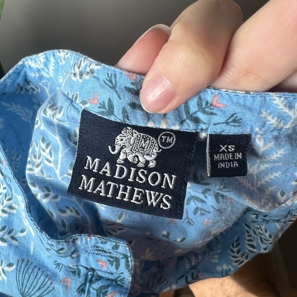 Madison Mathews Women's XS Blue Cotton 1/4 Button Top Floral 3/4 Sleeve Boho - Picture 4 of 4